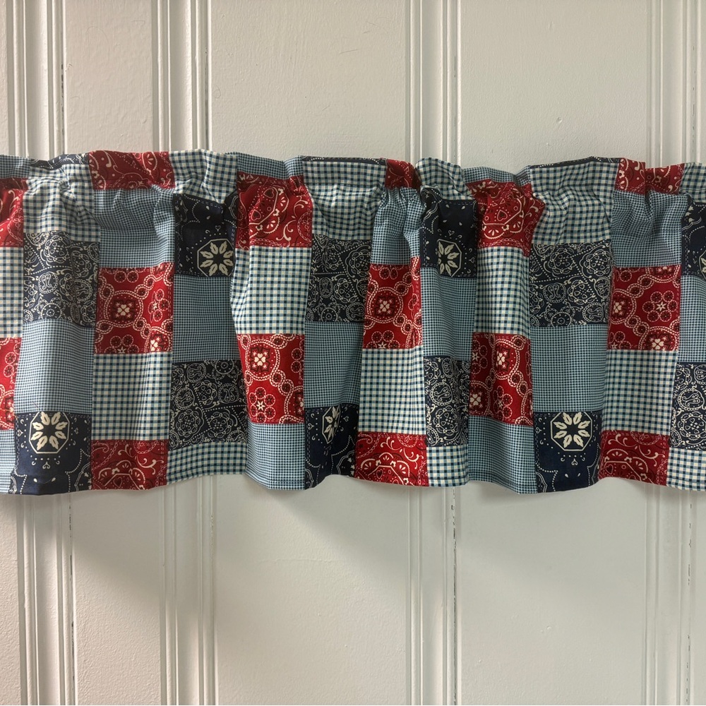 Patchwork Valance Curtain - Red, Blue, and White - Picture 2 of 3